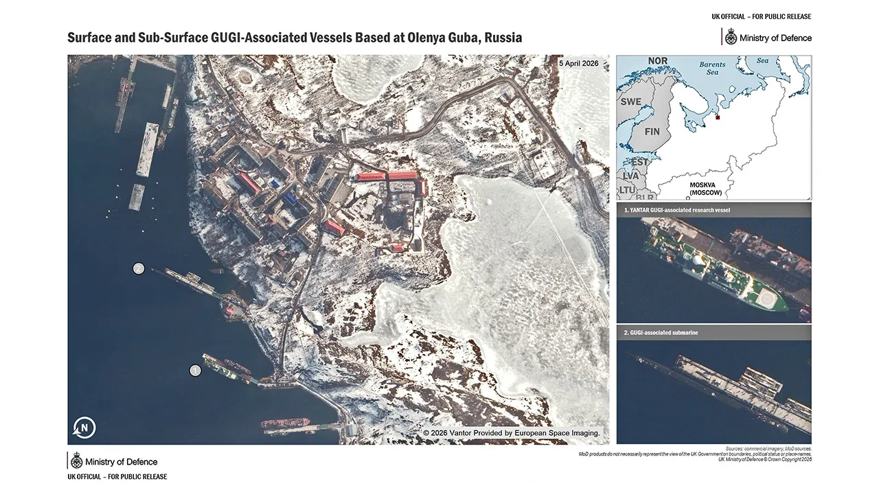 An undated British Ministry of Defence handout shows surface and sub-surface satellite imagery of Russia's Main Directorate for Deep Sea Research (GUGI) associated vessels based at Olenya Guba in Russia. UK MOD Crown copyright/Handout via REUTERS