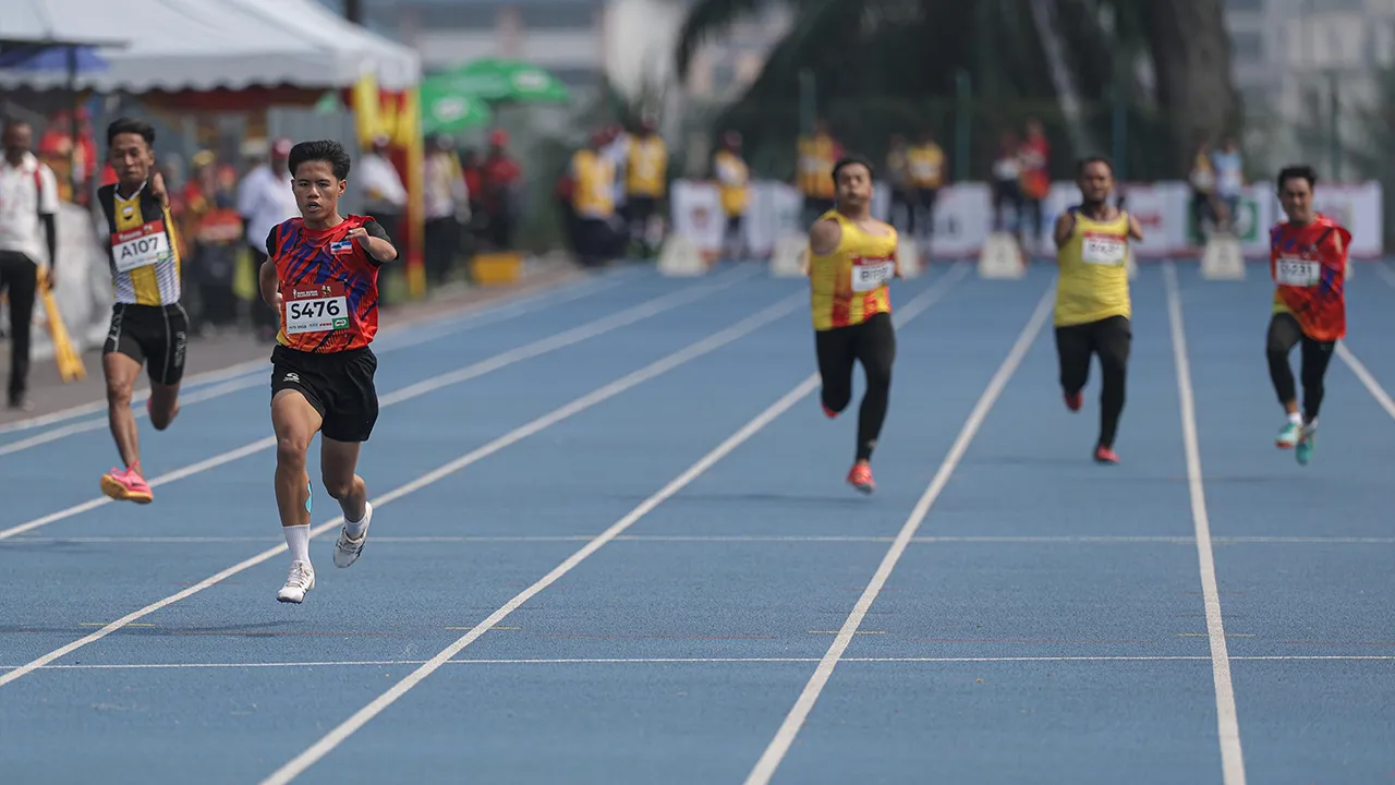 SHAH ALAM, 6 Sept - Atlet para olahraga Sabah Muhamad Shaban Shahid beraksi pada acara akhir 100 meter lelaki T45 pada Temasya Para Sukan Malaysia (SUKMA) Selangor 2026 di Stadium UiTM hari ini. Muhamad Shaban muncul Juara selepas meraih pingat Emas dengan catatan masa 13.210 saat. - fotoBERNAMA (2026) HAK CIPTA TERPELIHARA