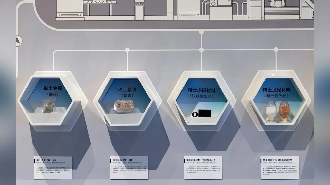 Rare earth materials sit on displayed at the exhibition on China’s manufacturing achievements, at the National Museum in Beijing, China, March 24, 2026. REUTERS/Maxim Shemetov