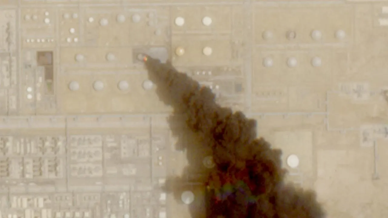 FILE PHOTO: A satellite image shows trail of smoke rising from an oil facility, in Jizan, Jazan province, Saudi Arabia, July 26, 2026. Yemen's Iran-aligned Houthis said on Saturday, July 25, that they carried out operations targeting Saudi Aramco facilities in Jizan and Yanbu, according to a statement by the group's military spokesperson Yahya Sare. European Union/Copernicus Sentinel-2/Handout via REUTERS 