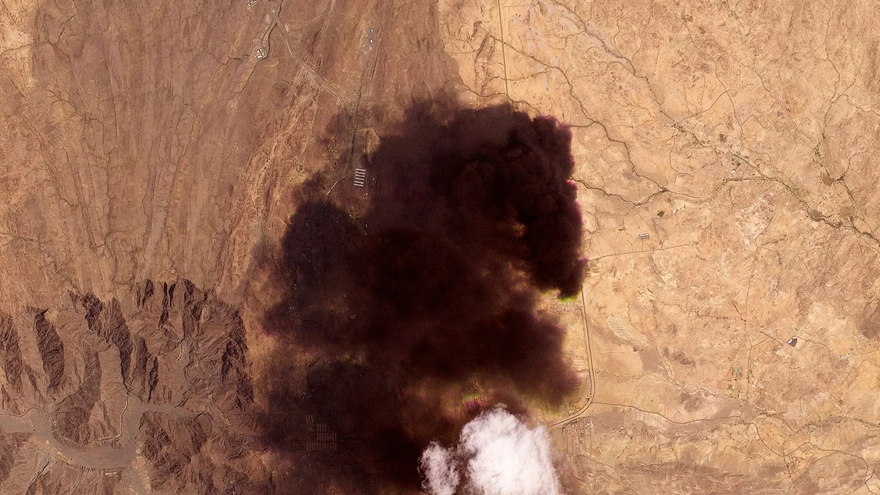 A satellite image shows smoke rising from the Saudi Aramco oil depot, after what the Saudi-led coalition in Yemen said were attacks by Yemen's Iran-aligned Houthis, in Abha Bulk, Saudi Arabia, in this handout image obtained by Reuters on September 8, 2026. 2026 PLANET LABS PBC/Handout via REUTERS