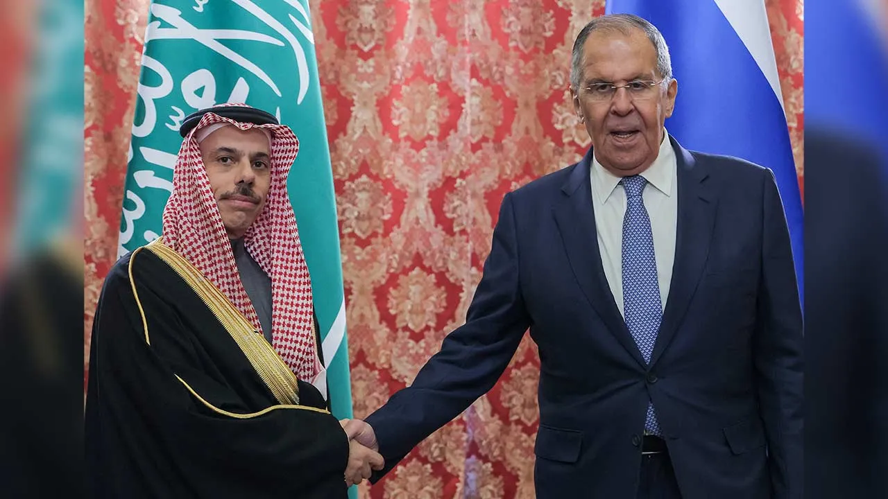 Russian Foreign Minister Sergei Lavrov shakes hands with his Saudi counterpart Prince Faisal bin Farhan Al-Saud during a meeting in Moscow, Russia, September 8, 2026. Maxim Shipenkov/Pool via REUTERS