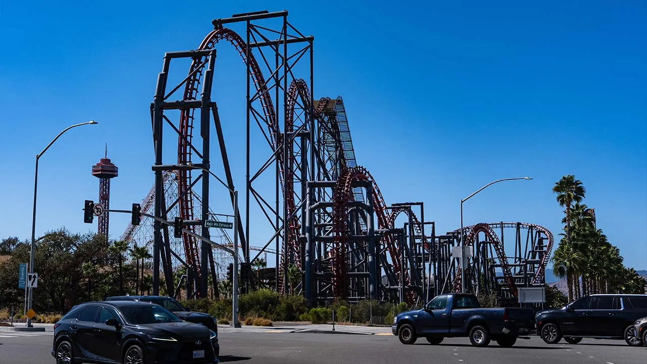 The X2 roller coaster is seen at Six Flags Magic Mountain in Valencia , Calif., Wednesday, Sept. 23, 2026. (AP Photo/Jae C. Hong)