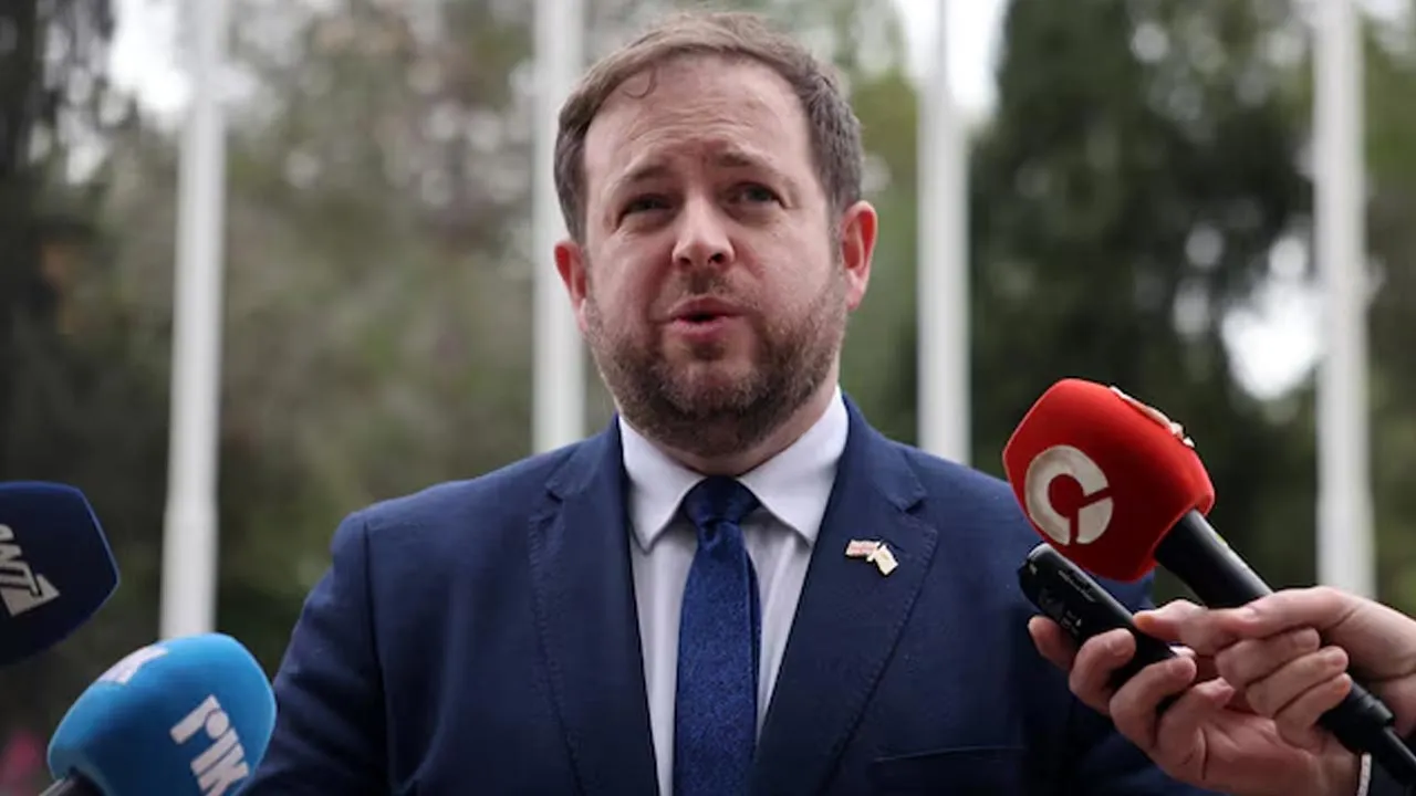 British Minister of State for Europe Stephen Doughty speaks to members of the media after a meeting with Cyprus' Foreign Minister Constantinos Kombos at the Foreign Ministry in Nicosia, Cyprus, March 19, 2026. REUTERS/Yiannis Kourtoglou