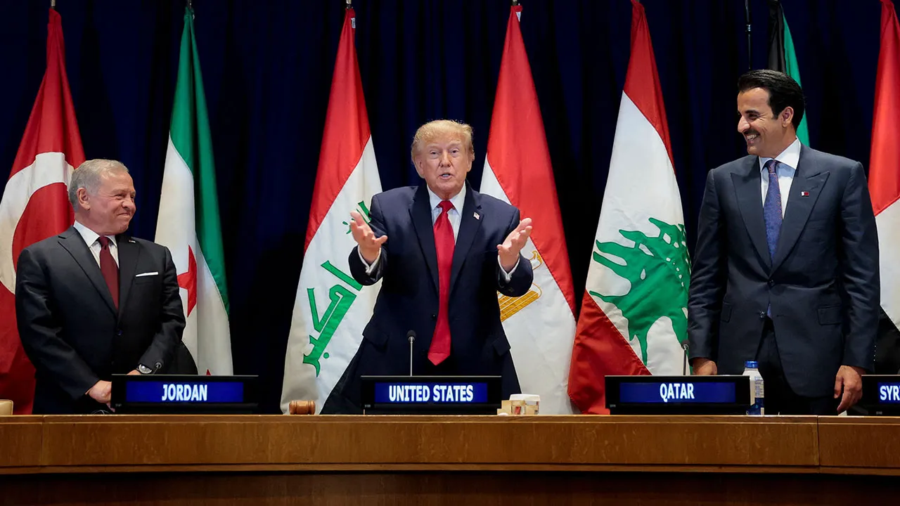US President Donald Trump speaks next to Jordan's King Abdullah II and Qatar's Emir Sheikh Tamim bin Hamad Al Thani during a multilateral meeting with leaders from the Gulf Cooperation Council, which includes the United Arab Emirates (UAE), Qatar, Bahrain, Kuwait, and Oman, during the 81st United Nations General Assembly (UNGA) in New York City, US, September 22, 2026. REUTERS/Kylie Cooper