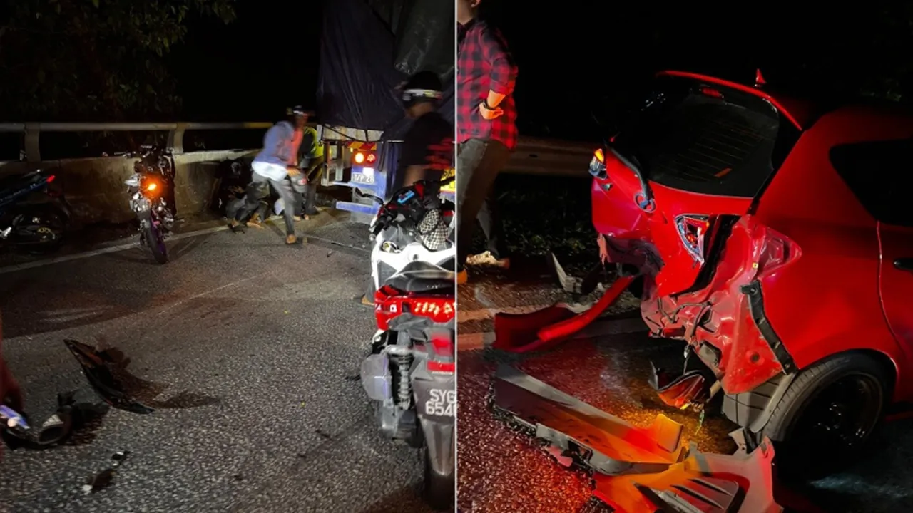 IPOH, 19 Sept (Bernama) -- Tiga penunggang motosikal maut, manakala sembilan lagi cedera dalam kemalangan jalan raya membabitkan 12 motosikal dan tiga kereta di Jalan Jelapang-Ampang di sini, awal pagi tadi.