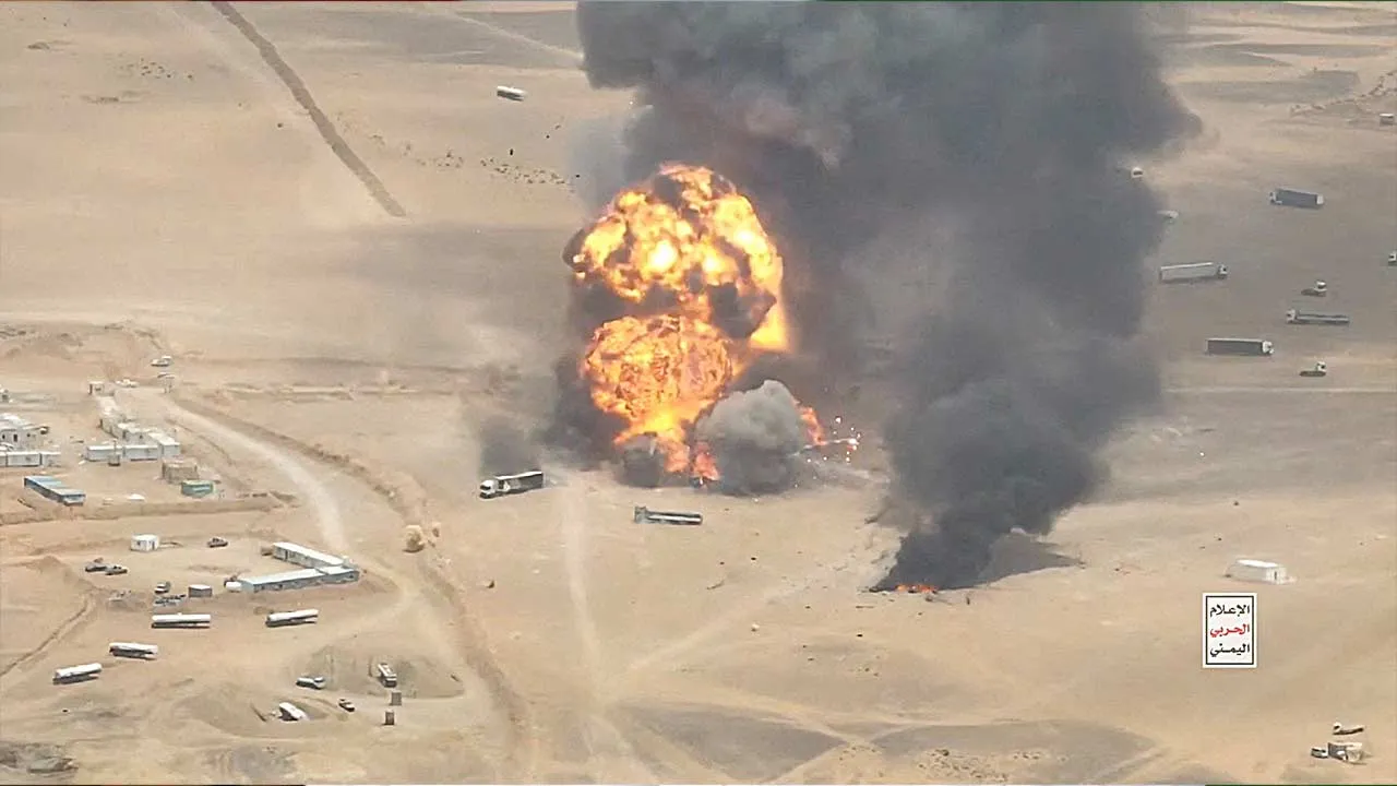 Trucks explode as they burn, during what the Houthis say was an attack targeting trucks coming from Saudi territory, at Al-Wadiah border crossing near Al-Wadiah, on the Saudi-Yemen border, in this still image obtained from a handout video released September 7, 2026. Houthi Media Centre/Handout via REUTERS THIS IMAGE HAS BEEN SUPPLIED BY A THIRD PARTY. WATERMARK FROM SOURCE. REFILE - CORRECTING "TARGETED BY THE YEMENI ARMED FORCES" TO "WHAT THE HOUTHIS SAY WAS AN ATTACK TARGETING TRUCKS" AND "NEAR AL-WADIAH,