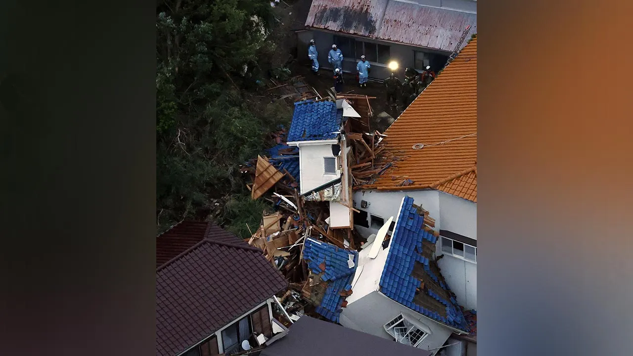 The site of a mudslide in Kamogawa in Chiba Prefecture, eastern Japan, following heavy rain caused by Typhoon Dujuan, September 22, 2026 in this photo taken by Kyodo. Kyodo/via REUTERS ATTENTION EDITORS - THIS IMAGE HAS BEEN SUPPLIED BY A THIRD PARTY. MANDATORY CREDIT. JAPAN OUT. NO COMMERCIAL OR EDITORIAL SALES IN JAPAN.