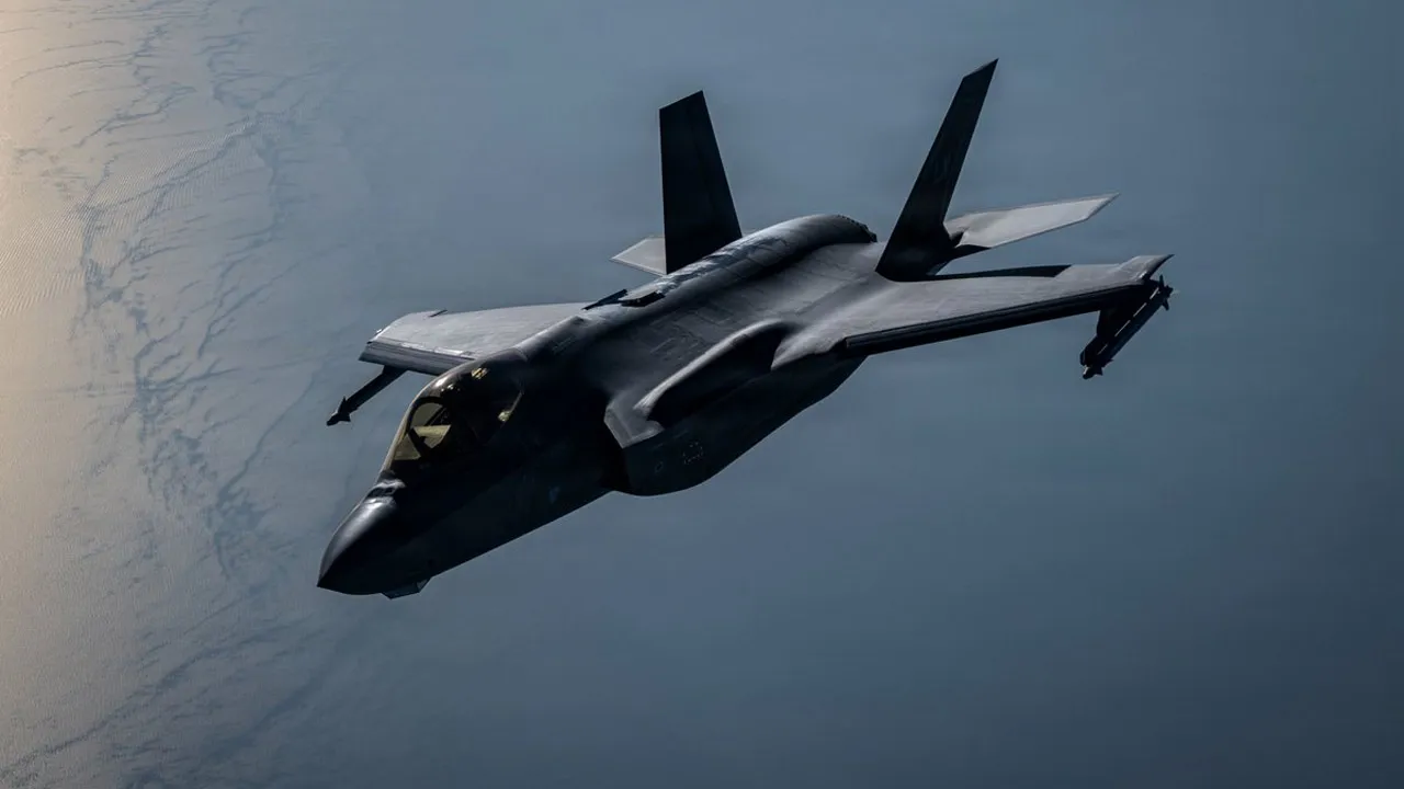 A U.S. Air Force F-35A stealth fighter jet patrols over regional waters as CENTCOM forces continue to enforce the maritime blockade against Iran. As of Sept. 6, U.S. forces have redirected 92 commercial vessels, disabled 3 and boarded 2 to ensure strict compliance.