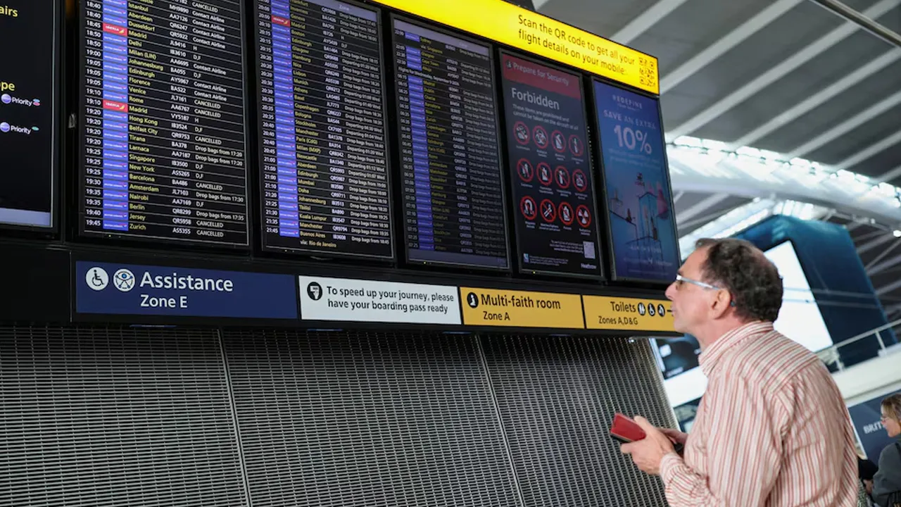  A passenger looks at a departure board displaying cancelled flights at Heathrow Airport's Terminal 5 in London, Britain, September 8, 2026. Some departing flights at major British airports were disrupted on Tuesday after air traffic control provider NATS experienced a technical issue, with Heathrow, Gatwick, Manchester and Stansted among the airports affected by restrictions and delays. REUTERS/Isabel Infantes