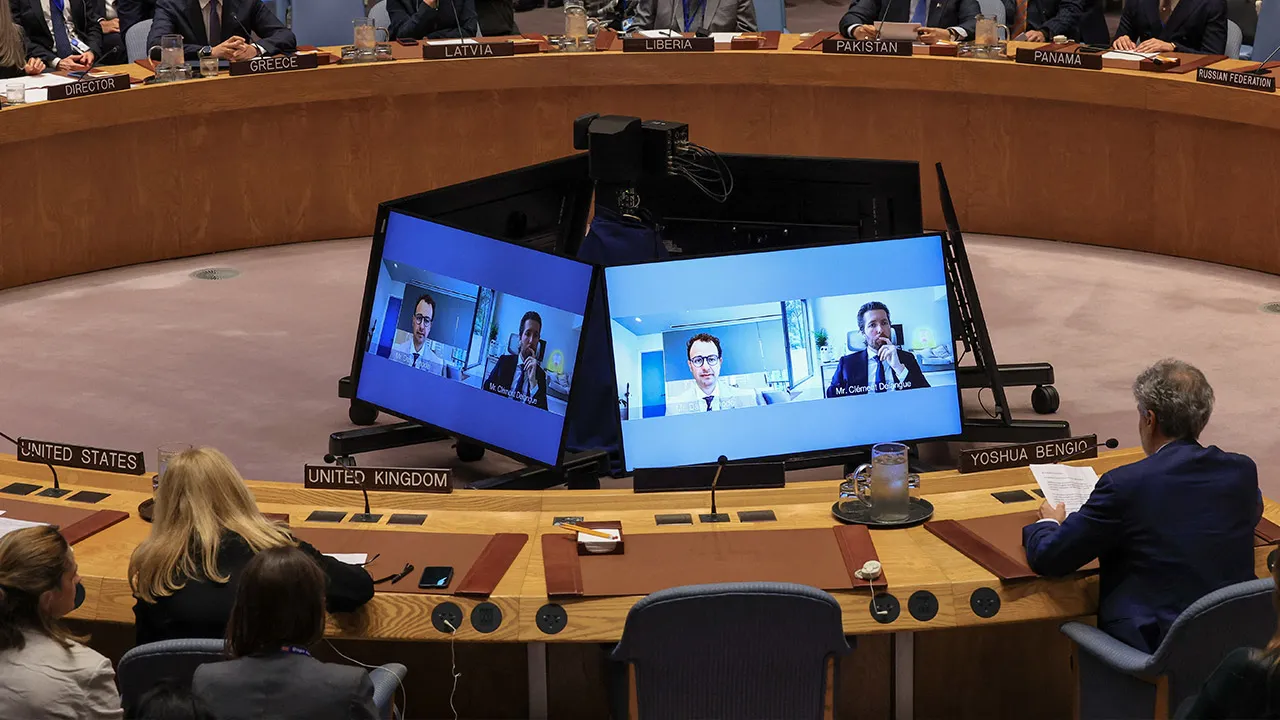 Clement Delangue, co-founder and CEO of Hugging Face, and Dario Amodei co-founder of Anthropic address the United Nations Security Council via video link during a session on Artificial Intelligence during the 81st United Nations General Assembly, at UN Headquarters in New York City, US, September 23, 2026. REUTERS/Brendan McDermid