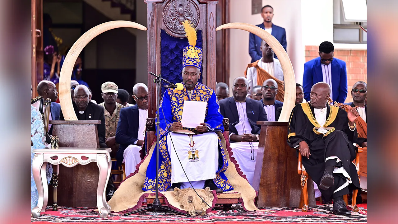 Journalist Edward Rukidi Kijanangoma delivers a speech during his coronation as king of Uganda's traditional Tooro Kingdom, in Fort Portal, Tuesday, Sept. 29, 2026. (AP Photo/Hajarah Nalwadda)