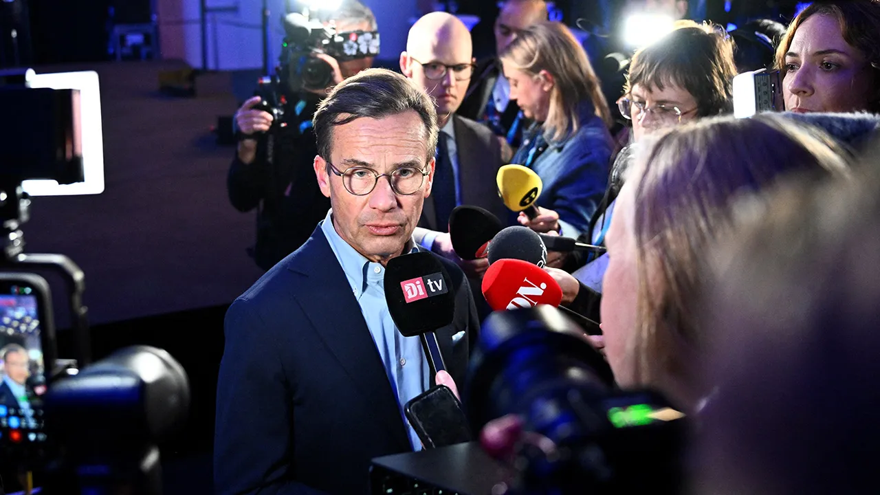 Moderates party leader Ulf Kristersson speaks during an interview during the Moderates' election night watch party in central Stockholm, Sweden, September 14, 2026. Christine Olsson/TT News Agency/via REUTERS 