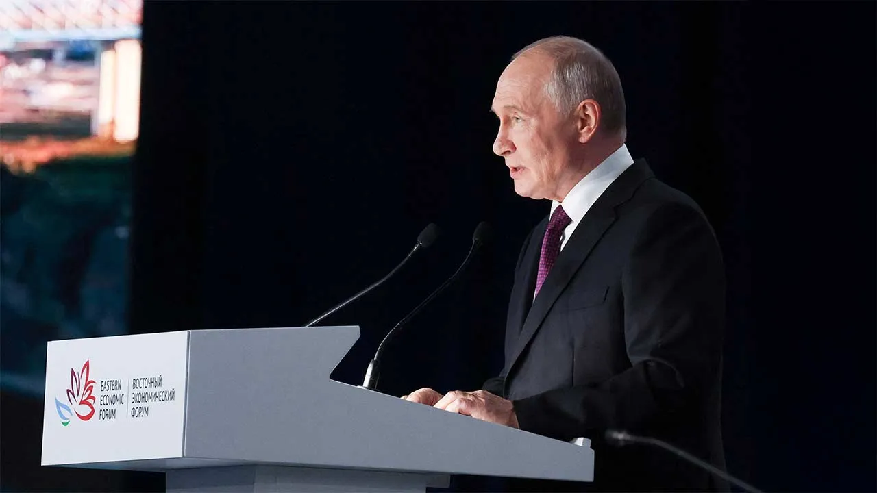 Russian President Vladimir Putin delivers a speech during a plenary session of Eastern Economic Forum in Vladivostok, Russia, September 3, 2026. Sputnik/Vyacheslav Prokofyev/Pool via REUTERS ATTENTION EDITORS - THIS IMAGE WAS PROVIDED BY A THIRD PARTY.