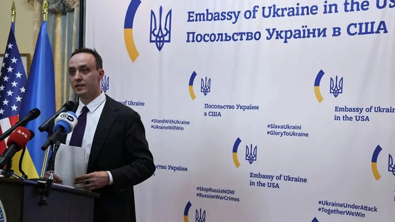 Vladyslav Vlasiuk speaks during a press briefing at the Ukrainian Embassy in Washington, D.C., U.S., June 4, 2025. REUTERS/Anna Rose Layden