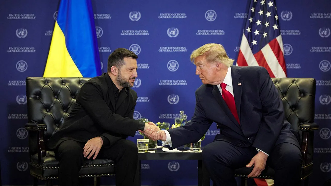 US President Donald Trump and Ukraine's President Volodymyr Zelenskiy shake hands as they meet on the sidelines of the 81st United Nations General Assembly (UNGA) in New York City, US, in this handout released September 22, 2026. Ukrainian Presidential Press Service/Handout via REUTERS