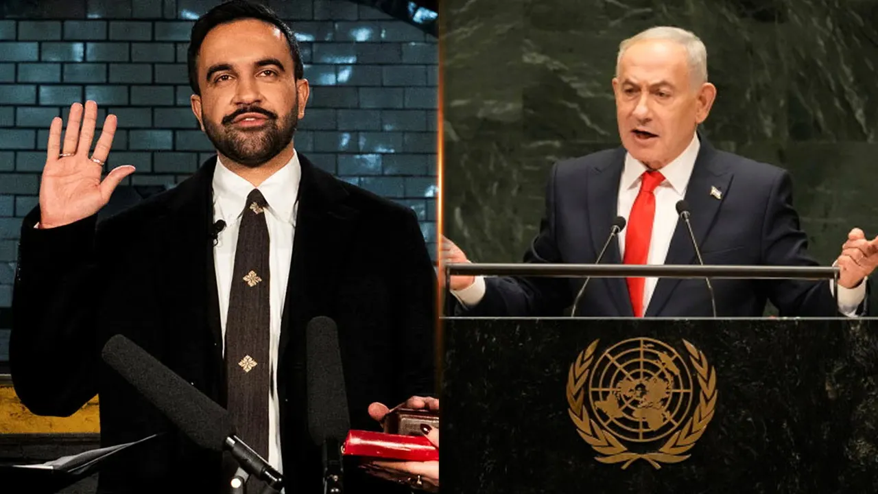 Mayor New York, Zohran Mamdani (kiri) dan gambar Benjamin Netanyahu berucap di PBB