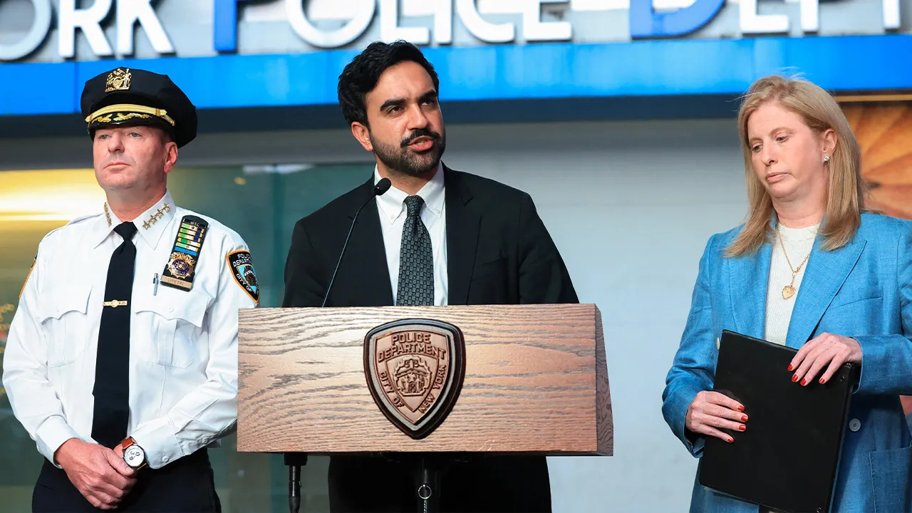 New York City Mayor Zohran Mamdani speaks next to NYPD Commissioner Jessica Tisch during a press conference at the scene of an officer-involved shooting, in Times Square, New York City, U.S., August 31, 2026. REUTERS/Brendan McDermid