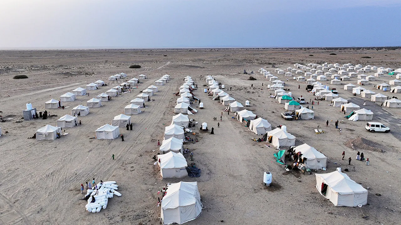 A drone view of a camp for internally displaced people, who fled fighting between the Houthis and government forces in Red Sea coastline areas, erected near Aden, Yemen, September 19, 2026. REUTERS