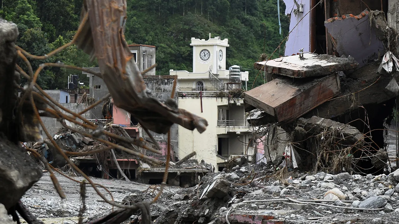 Buildings damaged and covered in mud following deadly flash floods and a mudslide near Trishuli River, in Betrawati Bazaar in Rasuwa district, Nepal, August 30, 2026. REUTERS/Stringer