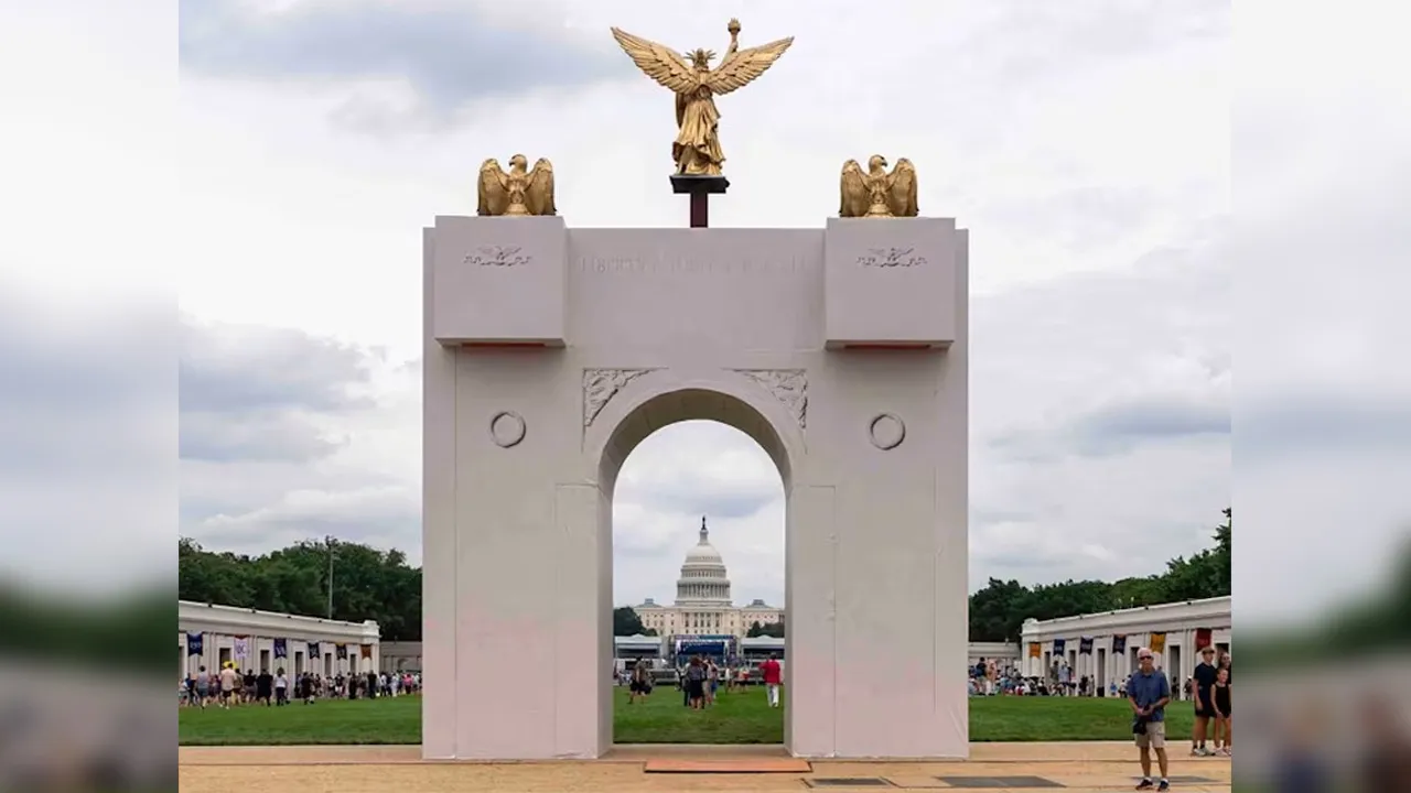 FILE - A mockup of President Donald Trump's proposed triumphal arch stands at the Great American State Fair on the National Mall, June 27, 2026, in Washington. (AP Photo/Jen Golbeck, File)