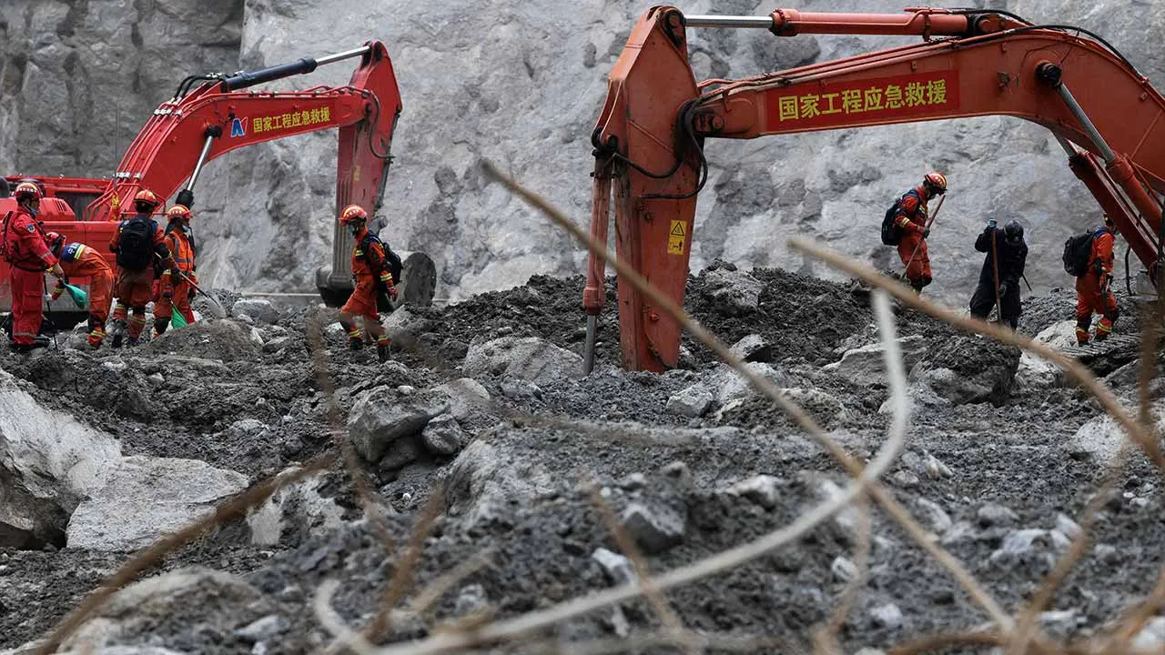 Rescue workers conduct search and rescue operations at the core disaster-hit area at Gyirong Port following the August 26 mudslide, during an organised media tour in Shigatse, Tibet Autonomous Region, China September 6, 2026. REUTERS/Tingshu Wang/Pool