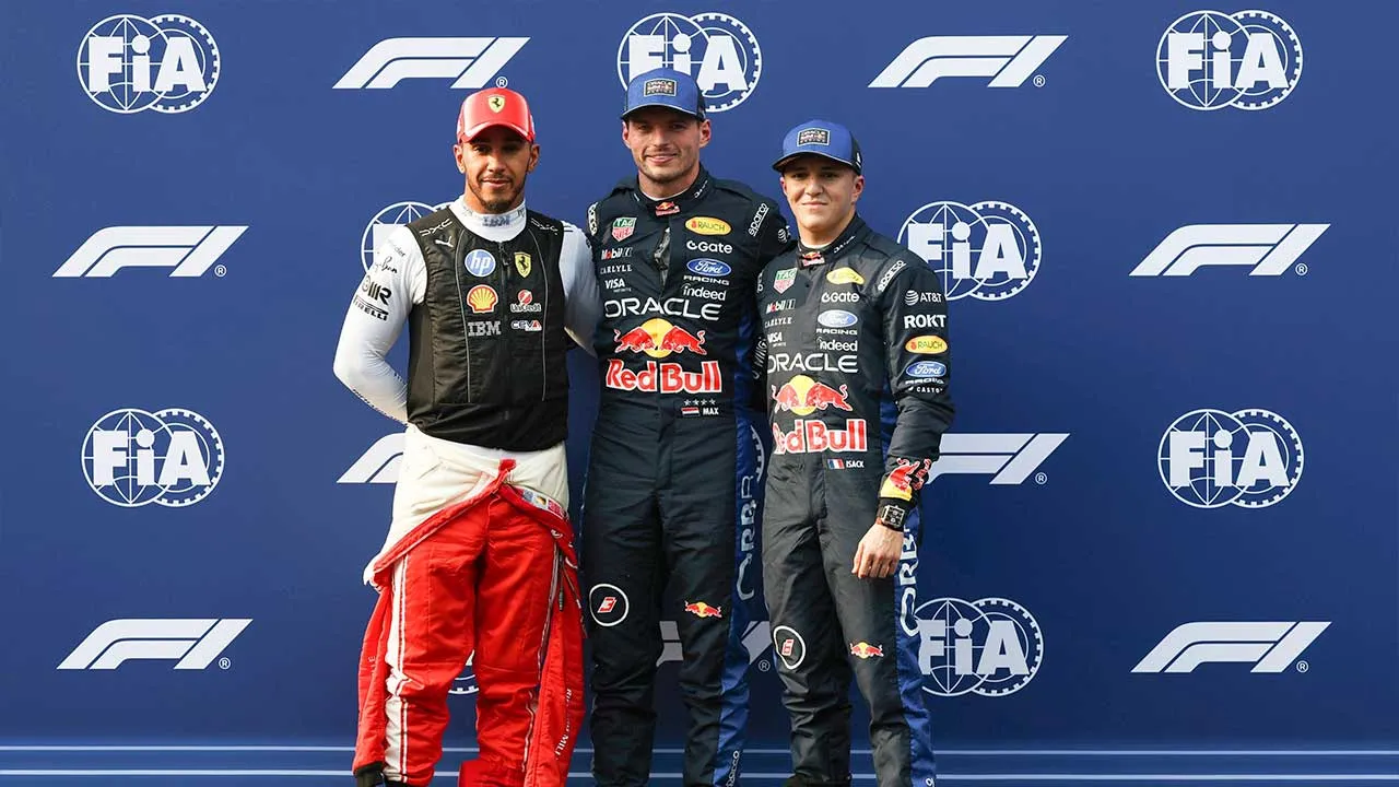 SEPANG, Oct 3 - Red Bull Racing driver Max Verstappen (centre) celebrates after setting the fastest time in qualifying for the Formula 1 Gulf Air Bahrain Grand Prix in Malaysia at the Sepang International Circuit today. Scuderia Ferrari driver Lewis Hamilton (left) sets the second-fastest time, while fellow Red Bull Racing driver Isack Hadjar finishes third. Max Verstappen wins the Formula 1 Gulf Air Bahrain Grand Prix qualifying session with a time of 1 minute 35.130 seconds. - fotoBERNAMA (2026) COPYRIGHT