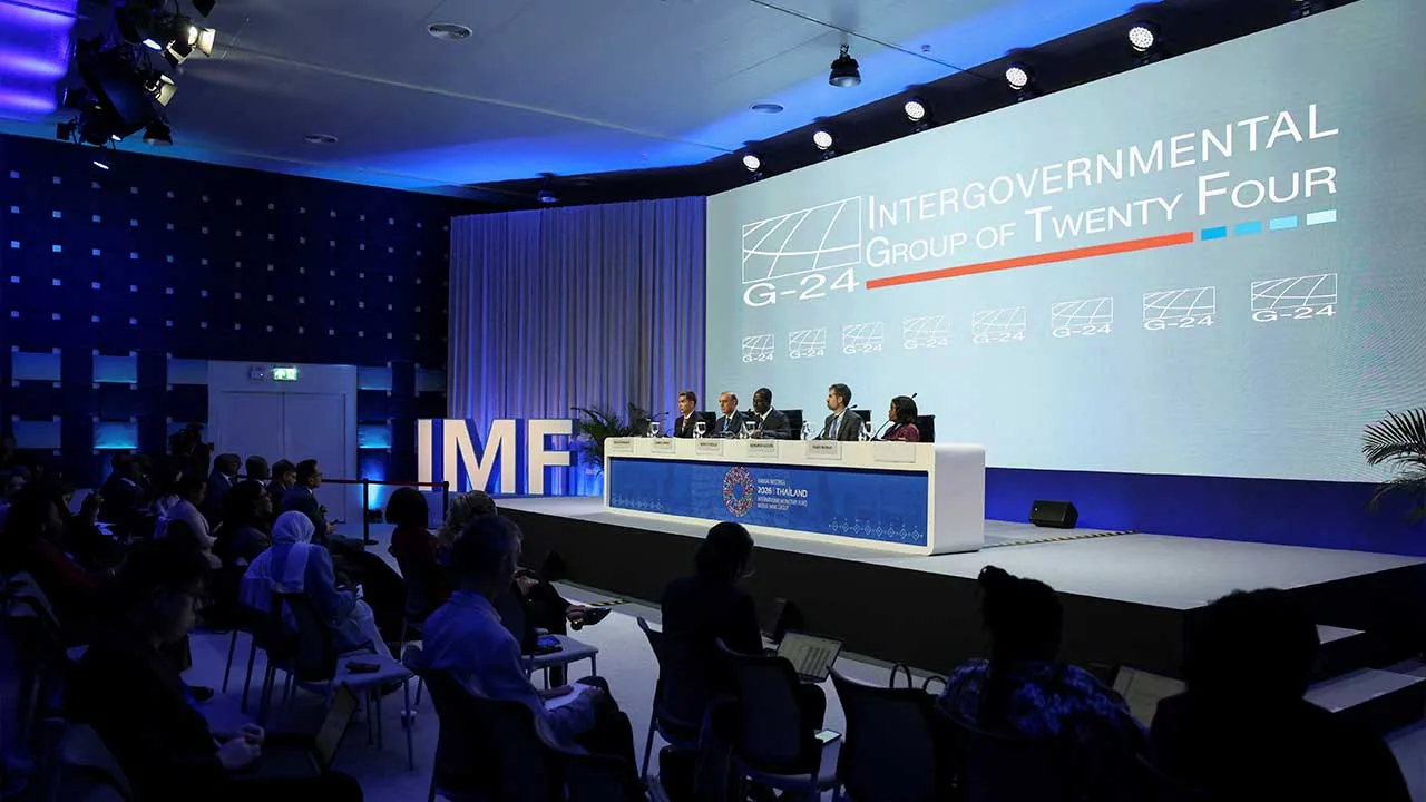 Director of the G24 Iyabo Masha, Second Vice-Chair of the G24 Bernardo Acosta, and Nigeria's Minister of Finance and Coordinating Minister of the Economy and Chair of the G24 Taiwo Oyedele, attend a G24 press briefing at the IMF/World Bank 2026 Annual Meetings at Queen Sirikit National Convention Center (QSNCC) in Bangkok, Thailand, October 13, 2026. REUTERS/Athit Perawongmetha