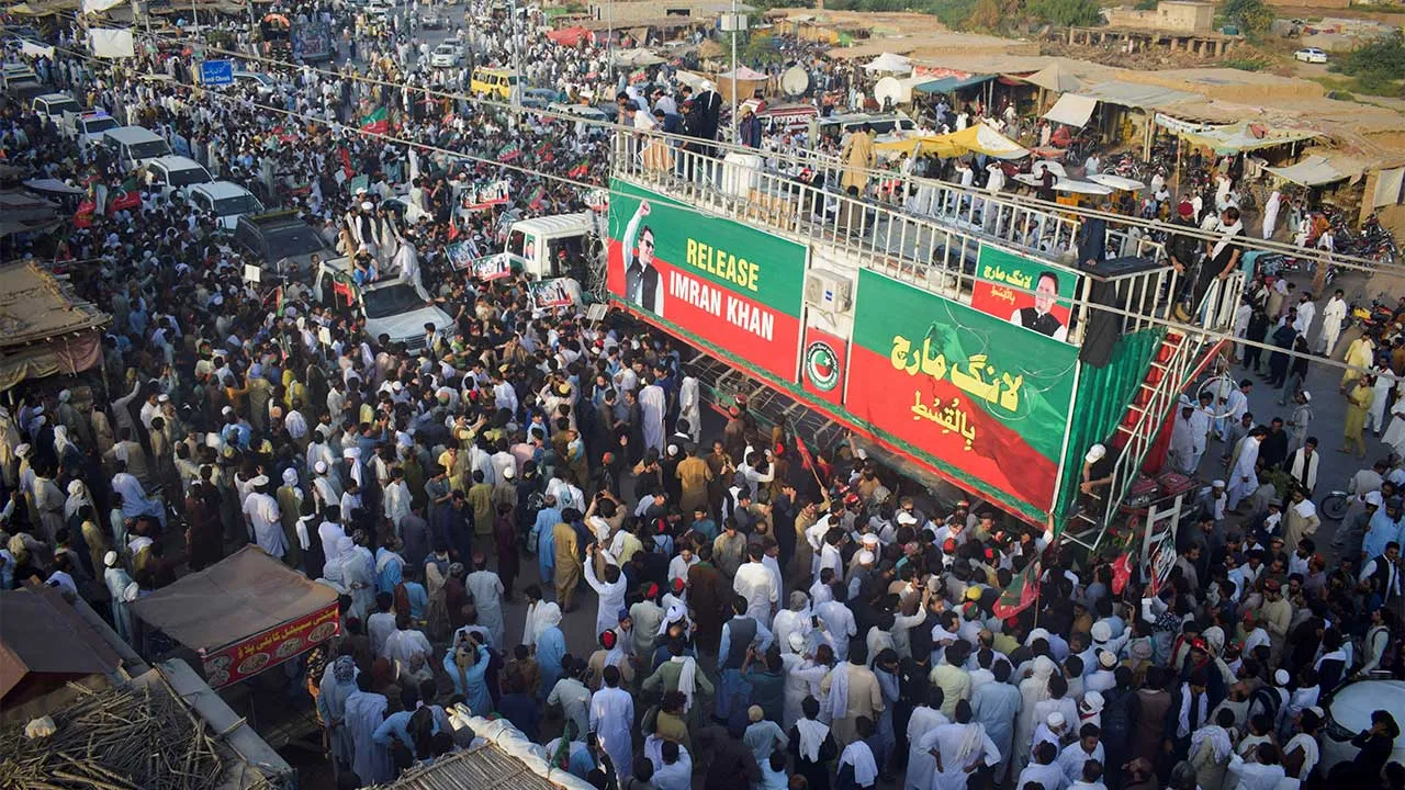 Supporters of former Pakistani Prime Minister Imran Khan's party, Pakistan Tehreek-e-Insaf (PTI), gather during a protest march demanding his release and calling for the supremacy of the Constitution and the rule of law across the country, in Lakki Marwat, Khyber Pakhtunkhwa province, Pakistan, October 4, 2026. REUTERS/Stringer