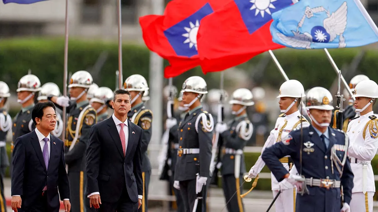 FILE PHOTO: Paraguay President Santiago Pena attends a welcoming ceremony with Taiwan President Lai Ching-te in Taipei, Taiwan May 8, 2026. REUTERS/Ann Wang/File Photo