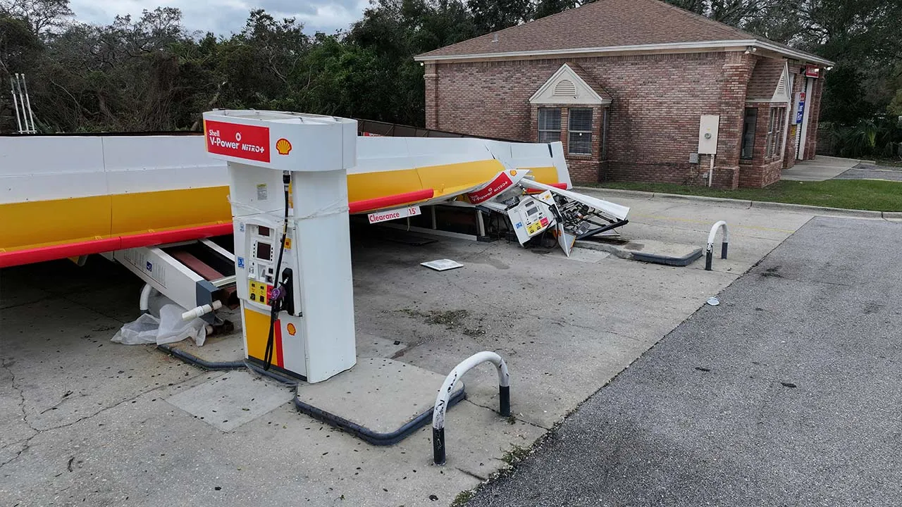 A drone view shows the fallen roof of a gas station in the aftermath of Hurricane Isaias in Gulf Breeze, Florida, U.S., October 10, 2026. REUTERS/Marco Bello