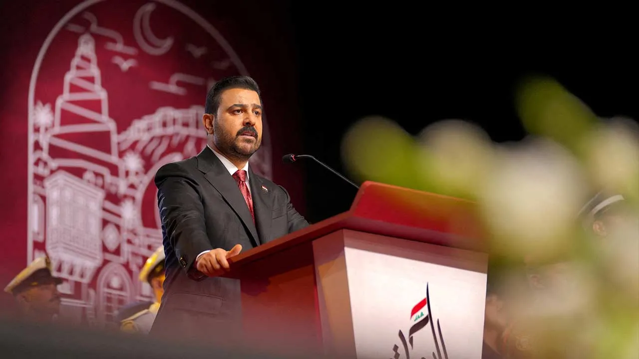 Iraqi Prime Minister Ali al-Zaidi delivers a speech during the Sovereignty Day Conference marking the withdrawal of U.S.-led coalition forces from Iraq, in Baghdad, Iraq, October 1, 2026. Iraqi Prime Minister's Media Office/Handout via REUTERS. THIS IMAGE HAS BEEN SUPPLIED BY A THIRD PARTY.