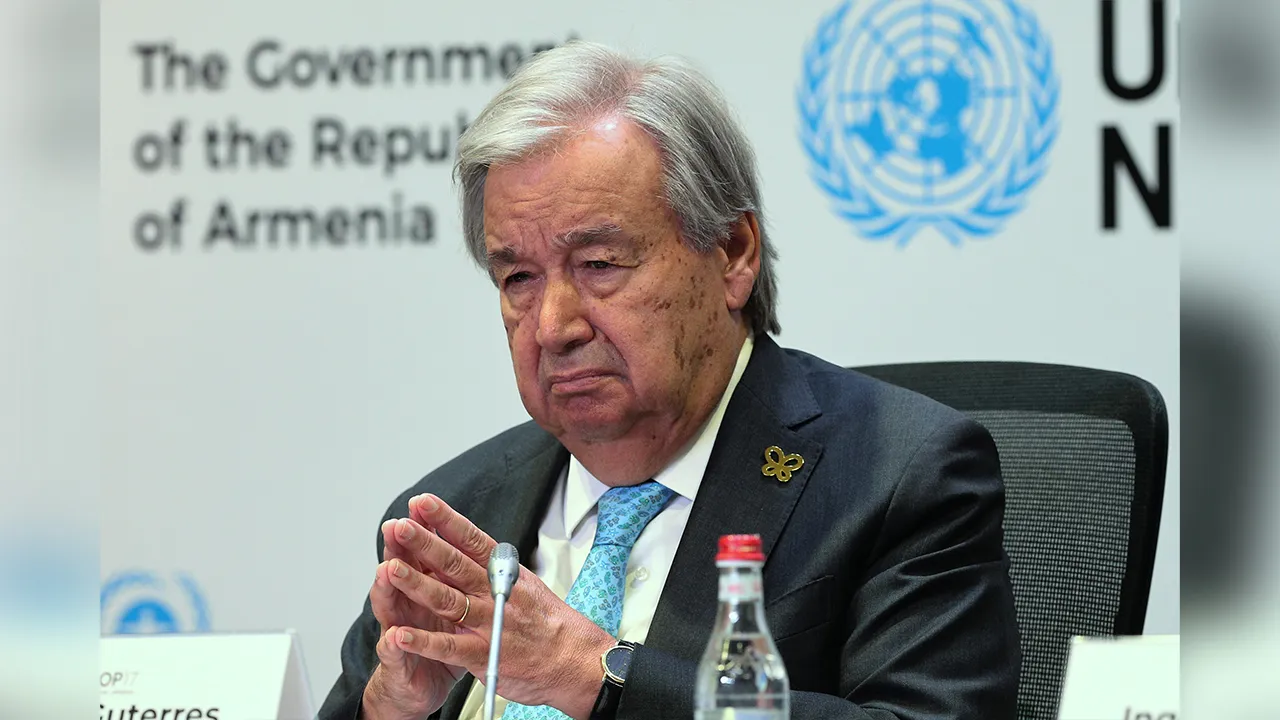 United Nations Secretary-General Antonio Guterres attends a news conference on the sidelines of the upcoming United Nations Biodiversity Conference, or COP17, in Yerevan, Armenia, Thursday, Oct. 15, 2026. (Hayk Baghdasaryan/Photolure via AP)