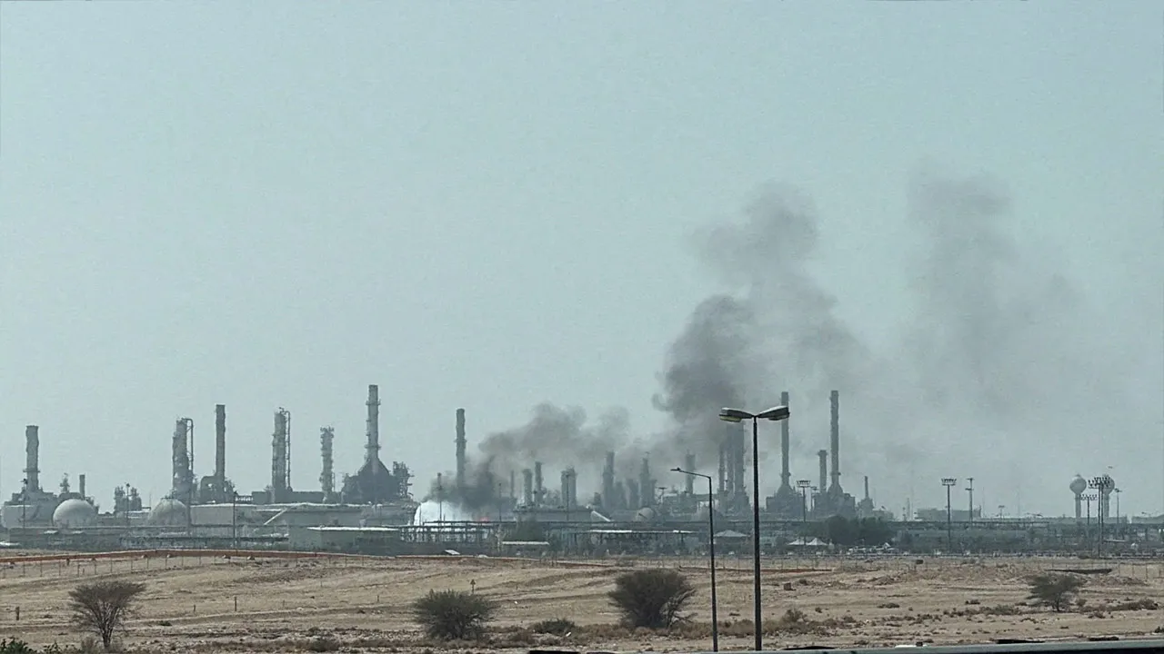 Smoke rises from a fire at the Aramco refinery south of Riyadh, Saudi Arabia, October 3, 2026. Picture taken with a mobile phone. REUTERS