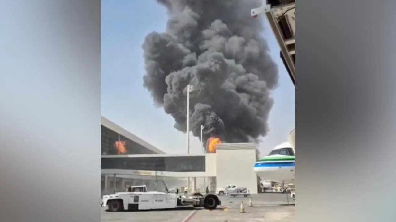 Smoke and flames rise from King Khalid Airport, after Yemen’s Iran-backed Houthis said they attacked the airport, in Riyadh, Saudi Arabia, October 8, 2026, in this screengrab obtained from a social media video. Social Media/via REUTERS