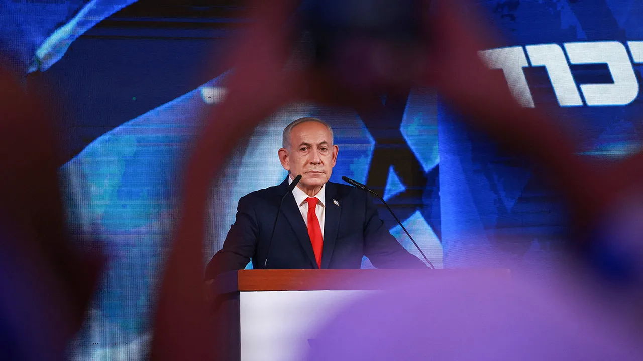 Israeli Prime Minister and Likud party leader Benjamin Netanyahu reacts to exit polls, at his party headquarters during Israel's national election, in Jerusalem, October 28, 2026. REUTERS/Ronen Zvulun