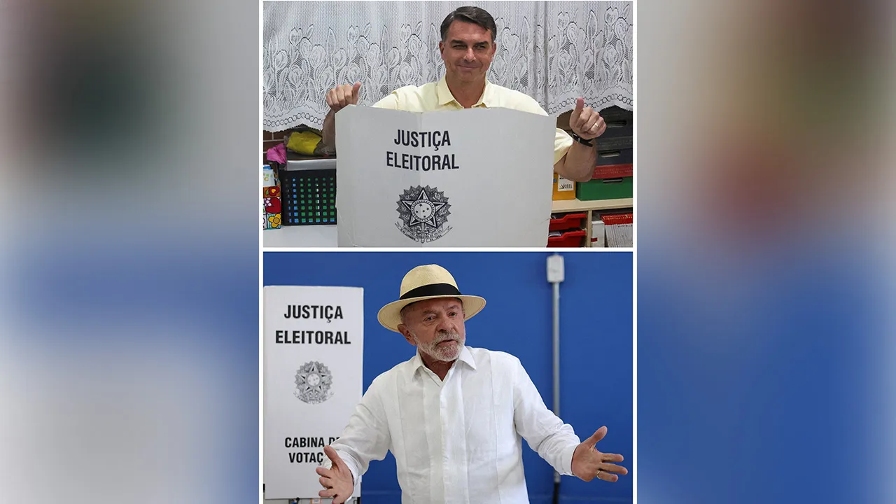 A combination picture shows Brazil's presidential candidate Flavio Bolsonaro of the Liberal Party (PL) as he votes during the general election in Rio de Janeiro, Brazil, and Brazilian President and Workers' Party (PT) candidate for re-election, Luiz Inacio Lula da Silva, as he arrives to vote in the general election in Sao Bernardo do Campo, Brazil, October 4, 2026. REUTERS/Amanda Perobelli and Ricardo Moraes