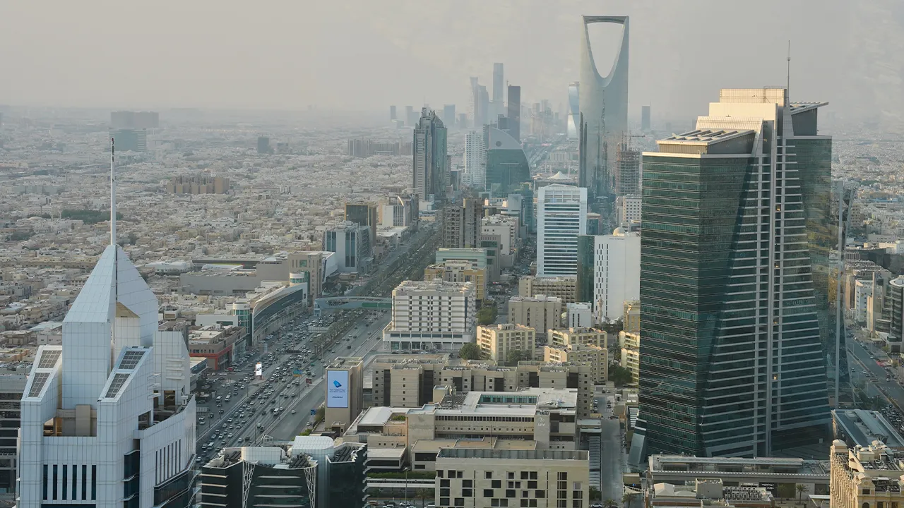 Buildings line King Fahd Road in the Olaya district of Riyadh, Saudi Arabia, Wednesday, Oct. 14, 2026 (AP Photo/Baraa Anwer)