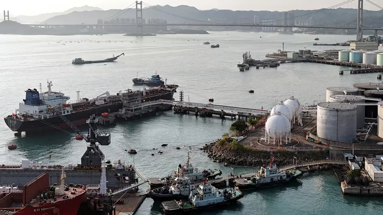 A drone view shows a Chinese-flagged oil tanker moored at an oil terminal at Tsing Yi port, with Tsing Ma bridge in the background, in Hong Kong, China March 19, 2026. REUTERS