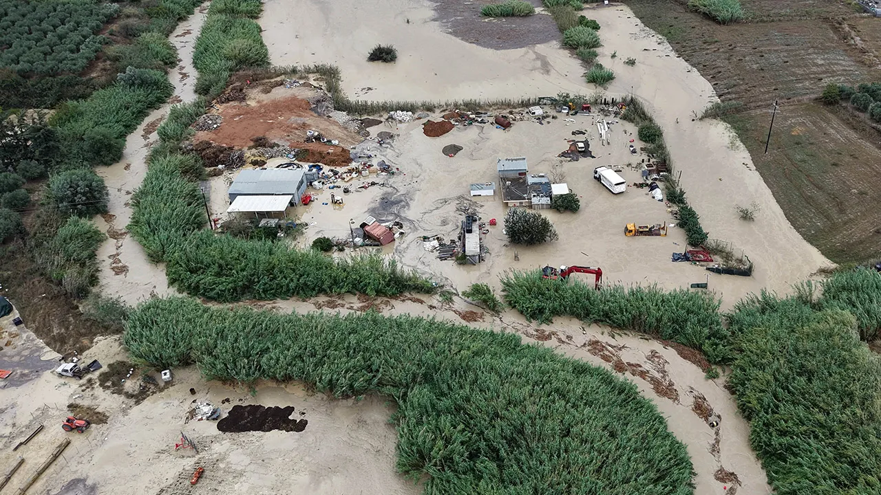 A drone view of a flooded area, after heavy rain affected parts of Crete, prompting authorities to maintain severe weather warnings, in Malades, near Iraklio, Crete island, Greece, October 1, 2026. REUTERS/Stefanos Rapanis
