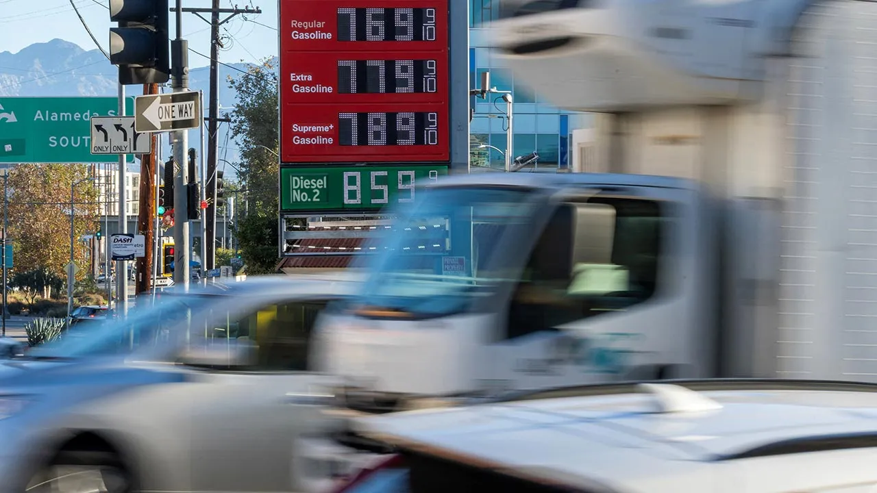 Prices of gasoline and diesel fuel are displayed in downtown Los Angeles, California, US, October 15, 2026. REUTERS/Mike Blake