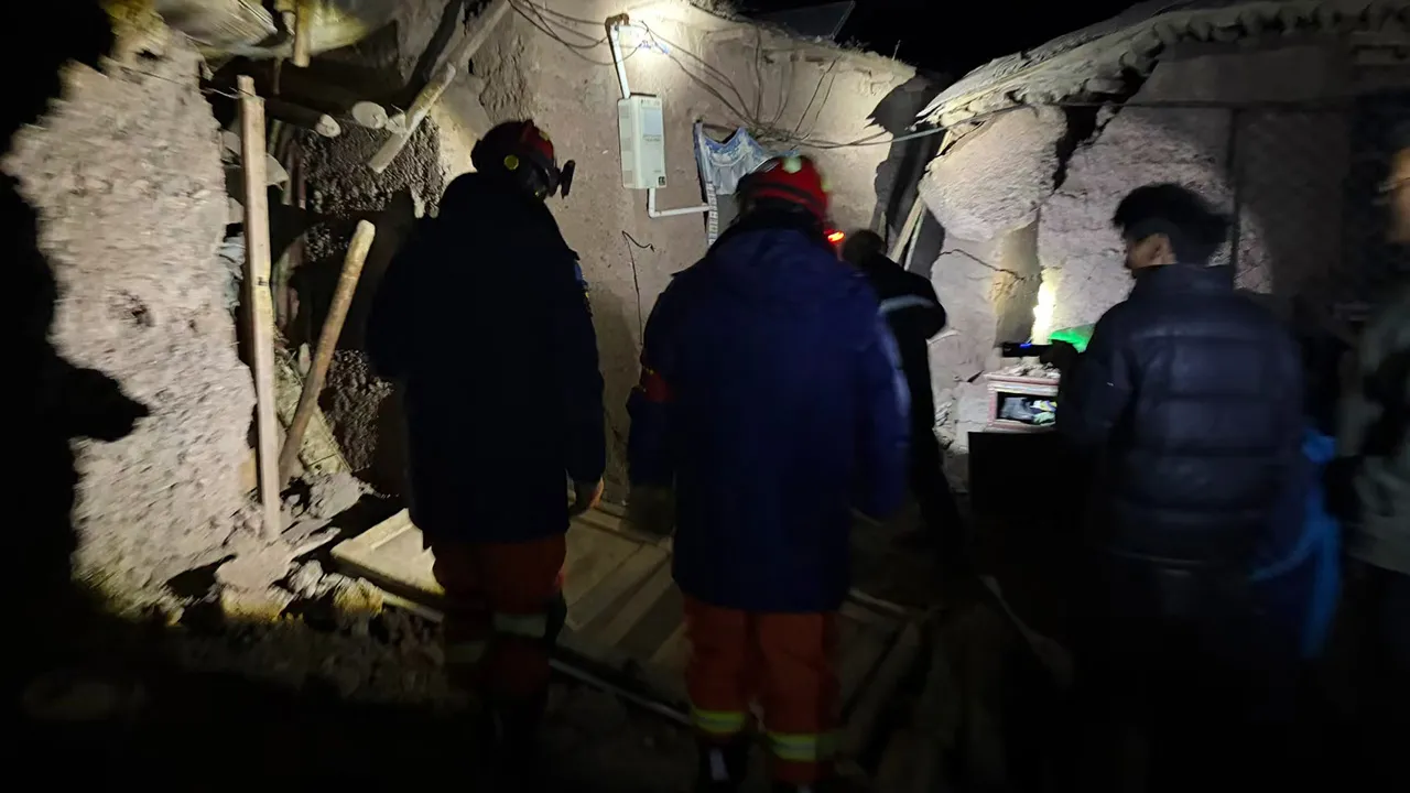 In this photo released by Xinhua News Agency, firefighters inspect an earthquake-hit village houses in Baqen County of Nagqu City in China's Tibet autonomous region, on Friday, Oct. 23, 2026. (Xinhua via AP)