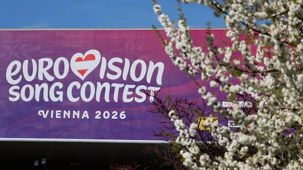 The Eurovision Song Contest 2026 logo, on the day of a press conference in front of the Stadthalle, in Vienna, Austria, April 9, 2026. REUTERS/Lisa Leutner