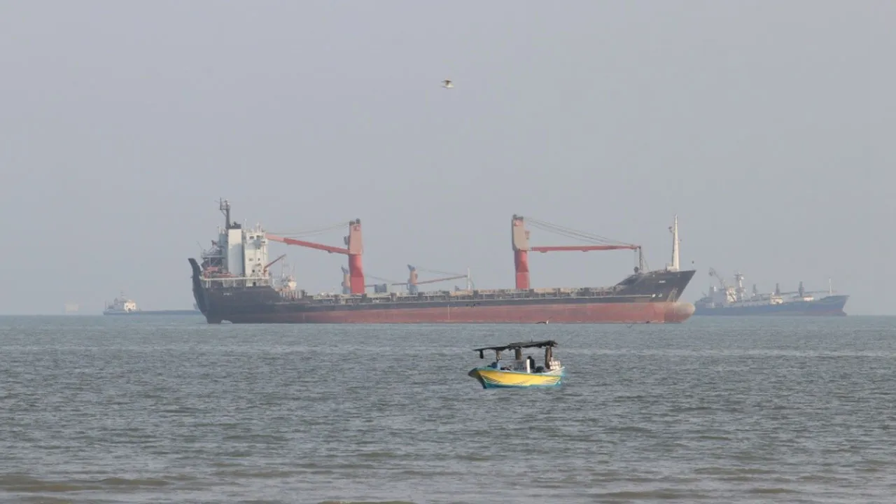 Oil tanker up along a beach, United Arab Emirates