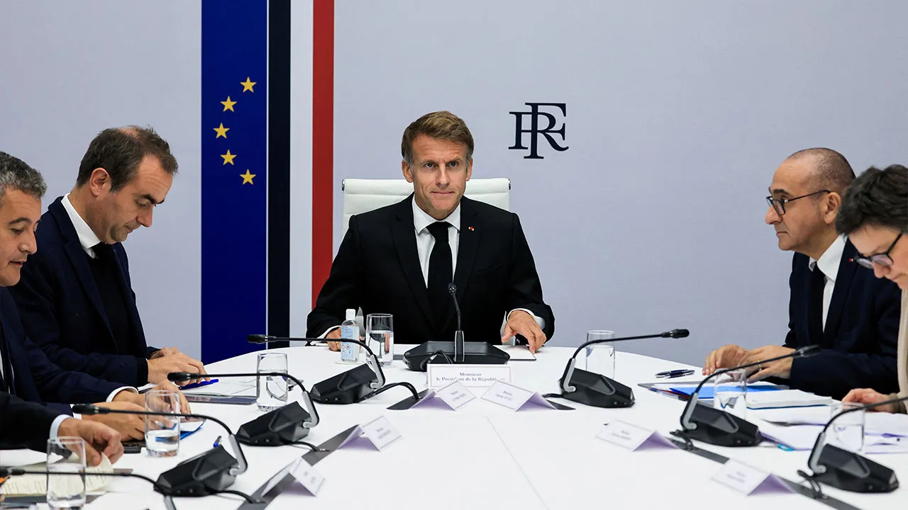 France's Justice Minister Gerald Darmanin, France's Prime Minister Sebastien Lecornu, France's President Emmanuel Macron, France's Interior Minister Laurent Nunez and French Government Secretary General Laurence Marion take part in an Interministerial Crisis Meeting chaired by France's President Emmanuel Macron at the Elysee Presidential Palace, in Paris, October 18, 2026. Ludovic Marin/Pool via REUTERS