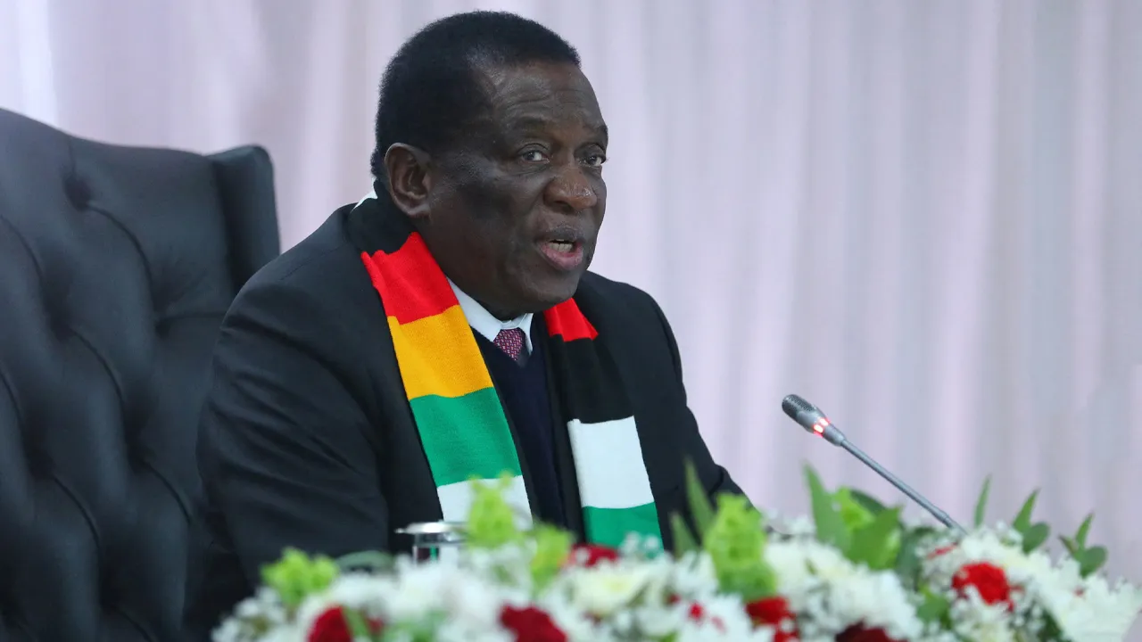 Zimbabwean President Emmerson Mnangagwa attends a joint press conference with Iran's President Ebrahim Raisi (not pictured) at the State House in Harare, Zimbabwe, on July 13, 2023. Iran's Presidency/Mohammad Javad Ostad/WANA (West Asia News Agency)/Handout via REUTERS/File Photo