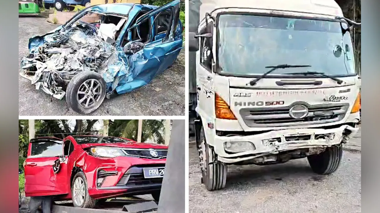 IPOH, 4 Okt (Bernama) -- Kemalangan maut membabitkan empat individu, termasuk seorang kanak-kanak dipercayai berpunca daripada kenderaan dinaiki mereka hilang kawalan sebelum merempuh bahagian hadapan lori di Kilometer 38.5, Jalan Raya Timur-Barat (JRTB) Gerik-Jeli, berhampiran kawasan Tasik Banding, Gerik. Kredit: FB Zulfadhli Zulkarnain