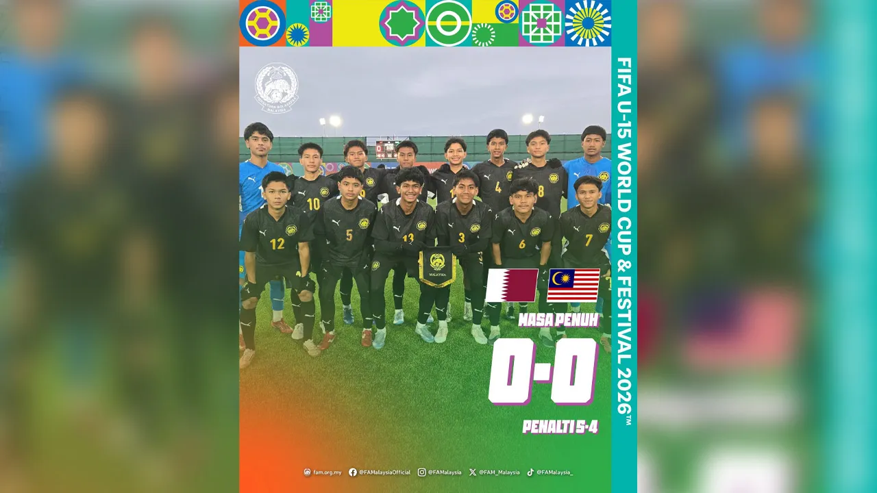 Keputusan Masa Penuh  Festival & Piala Dunia B-15 FIFA 2026  Separuh Akhir • Tier B (Tempat Ke-53 hingga Ke-56) | Khamis, 29 Oktober 2026  QATAR 🇶🇦 0-0 🇲🇾 MALAYSIA  * Malaysia kalah penentuan sepakan penalti 5-4  ▶️ Seterusnya, Malaysia akan bertemu Lebanon bagi aksi Final Tier B (Tempat Ke-55 & Ke-56) pada Jumaat, 30 Oktober 2026, jam 2:15 petang (Waktu Malaysia)._FB Malaysia NT