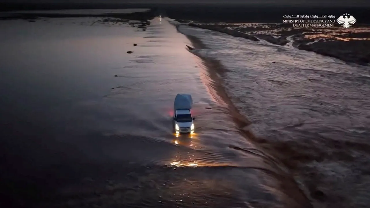An aerial view shows a vehicle stranded in floodwater after torrential rains triggered flash floods, according to authorities, in Deir Ez-Zor Governorate, Syria, October 29, 2026, in this screengrab obtained from a social media video. Ministry of Emergency and Disaster Management of Syria/via REUTERS