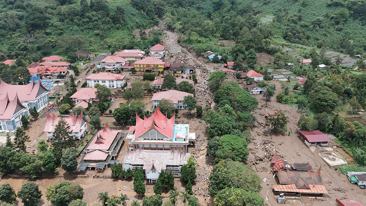A drone view of an area affected by flash floods following heavy rains in Solok, West Sumatra province, Indonesia, September 22, 2026. REUTERS/Wawan Kurniawan